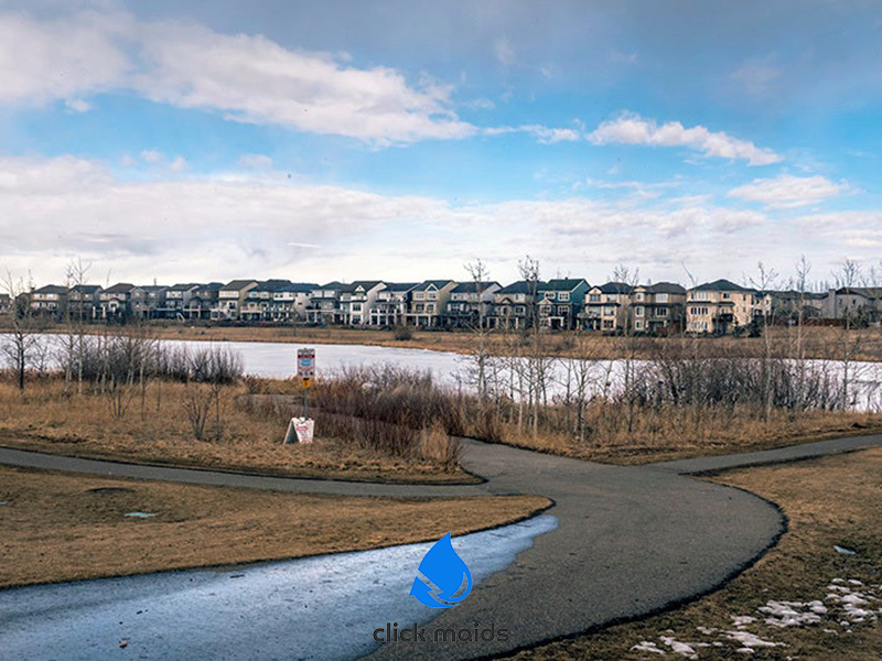Residential homes line a frozen pond in Copperfield, Calgary, with a brown grass path in the foreground.