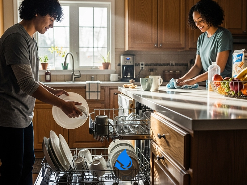 "Two people cleaning kitchen—one loading plates into stainless dishwasher, one wiping counter near fruit bowl and dish soap, natural light from large window."