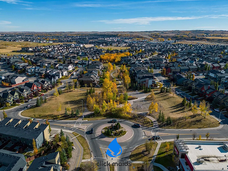 Aerial view of the Walden, Calgary, suburban community, featuring houses, autumn yellow trees, and a traffic circle.