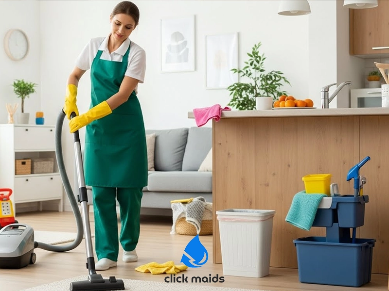 House cleaner in gloves and apron vacuuming a living room beside cleaning supplies and a kitchen counter.