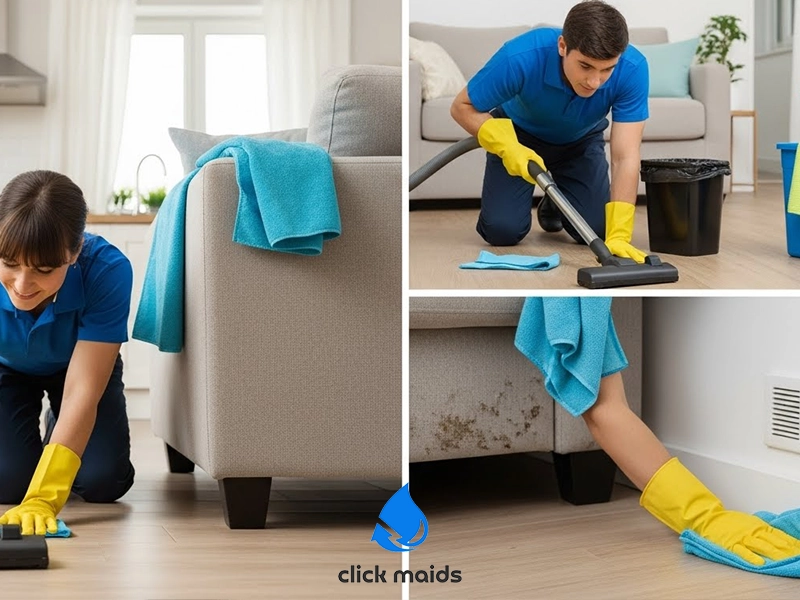 House cleaners vacuuming and scrubbing floors and furniture in a living room, wearing gloves and cleaning uniforms.