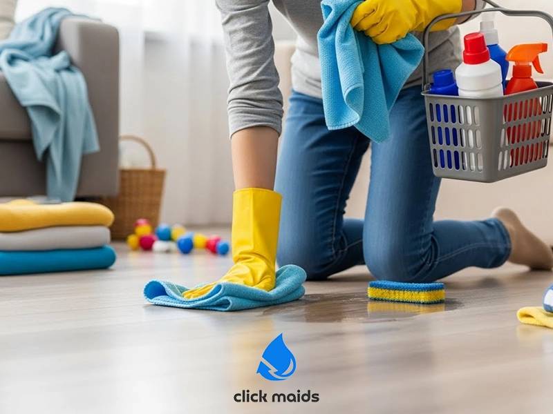 Person wearing yellow gloves kneeling and wiping a floor with a cloth, holding cleaning supplies; Click Maids logo at the bottom.