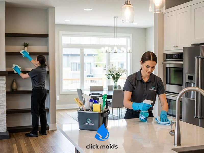 Two professional cleaners from Click Maids tidy a modern kitchen and living area; one wipes down a kitchen counter with cleaning spray while the other dusts shelves in the background, with a cleaning supply caddy placed on the island.