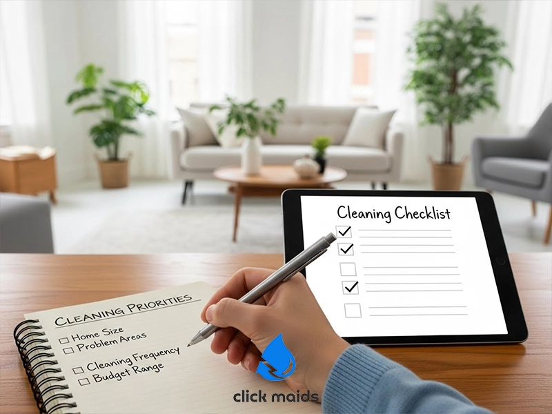 A person sits at a wooden table in a bright, tidy living room, writing on a notepad labeled “Cleaning Priorities” while also checking items off a digital “Cleaning Checklist” displayed on a tablet, with plants and modern furniture in the background.
