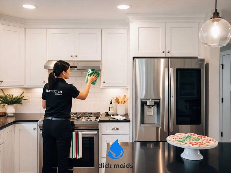 Professional cleaner using holiday cleaning tips and wiping kitchen cabinets in a bright white kitchen with stainless steel appliances and a holiday dessert on the counter.