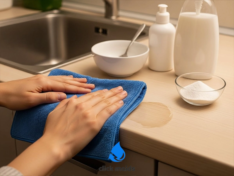 Hands wiping a kitchen countertop with a blue microfiber cloth beside a sink, with cleaning ingredients and bottles arranged on the counter.