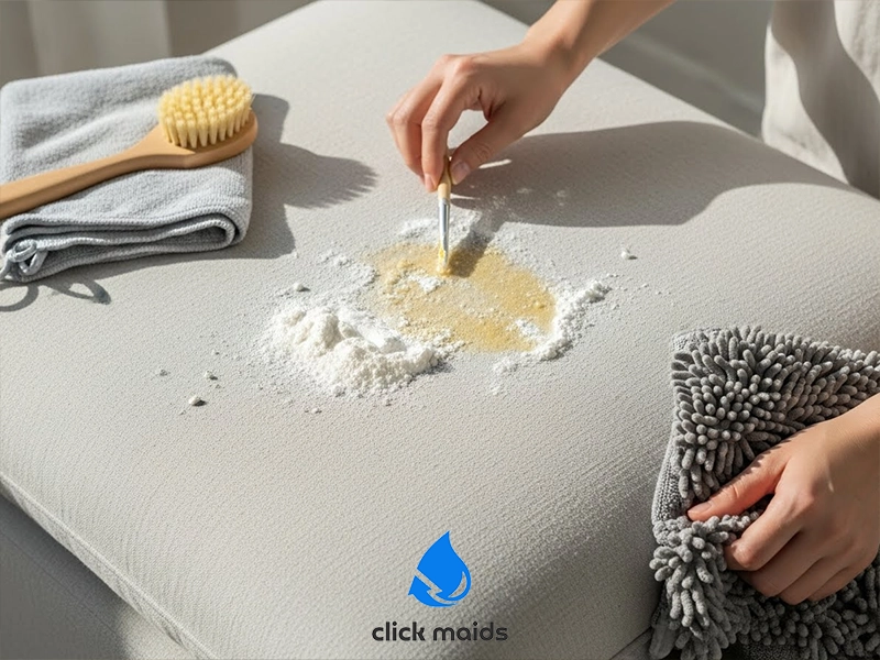 Hand applying a cleaning solution to a fabric cushion stain, with baking soda, a brush, and microfiber cloth placed nearby for upholstery cleaning.