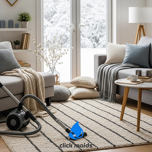 Click Maids Clean, cozy living room with sofas, decorative pillows, a coffee table, and a vacuum cleaner on a patterned rug near large windows overlooking a snowy outdoor scene.
