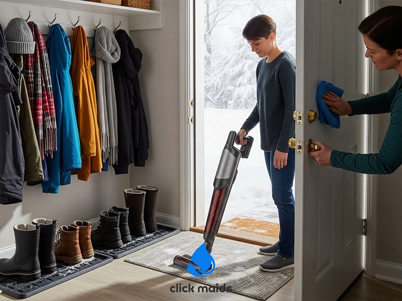 Entryway with winter coats and boots organized on racks, one person vacuuming a floor mat while another wipes the front door handle, with snow visible outside the open door.