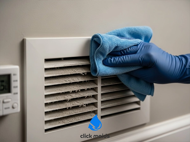 Gloved hand wiping dust from a wall air vent using a blue microfiber cloth, with visible buildup on the vent slats.