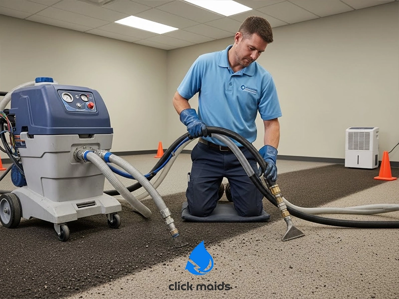 Professional carpet cleaner using extraction machine to remove deep-set dirt and moisture from commercial carpet floor.