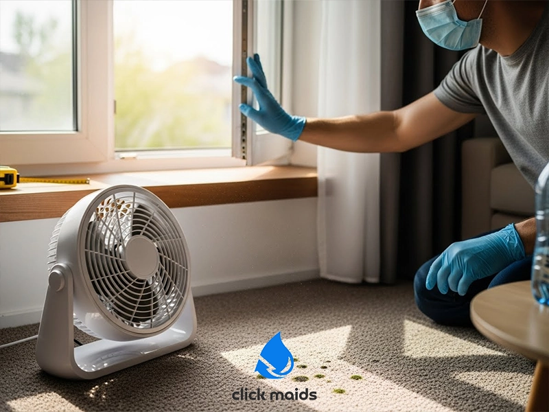 Person wearing gloves and mask opening a window while using a fan to dry carpet and reduce moisture after mold treatment.