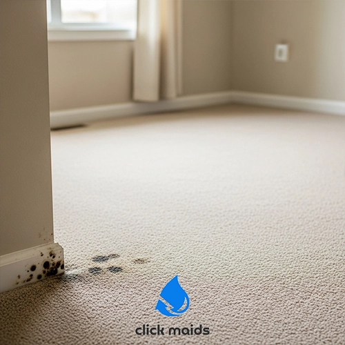 Click Maids Small black mold spots growing on carpet near a wall baseboard in a residential room.