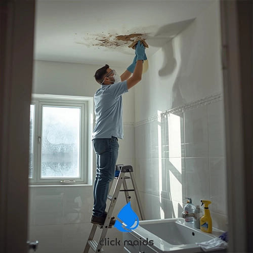 Click Maids Man wearing gloves and a face mask stands on a small ladder in a bright bathroom, removing damaged ceiling material above the shower. Brown water stains and peeling plaster are visible around the ceiling opening. A spray bottle and cleaning supplies sit near the sink, indicating repair and cleanup work.