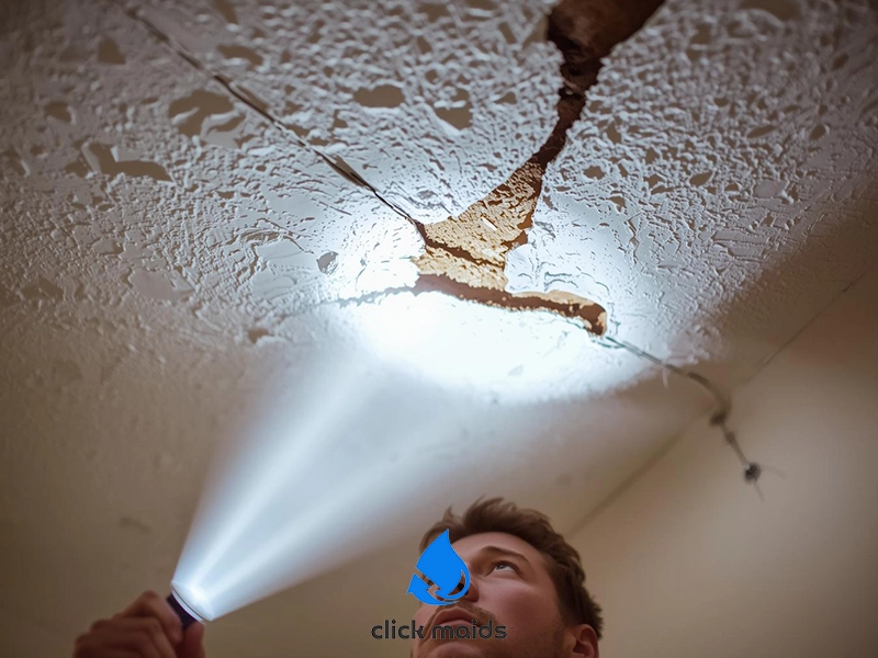 Man shining a flashlight toward a damaged ceiling with large cracks and peeling textured plaster. The beam of light highlights exposed brown material beneath the surface, suggesting water damage or structural deterioration. The person looks upward while inspecting the ceiling closely, assessing the extent of the visible damage.