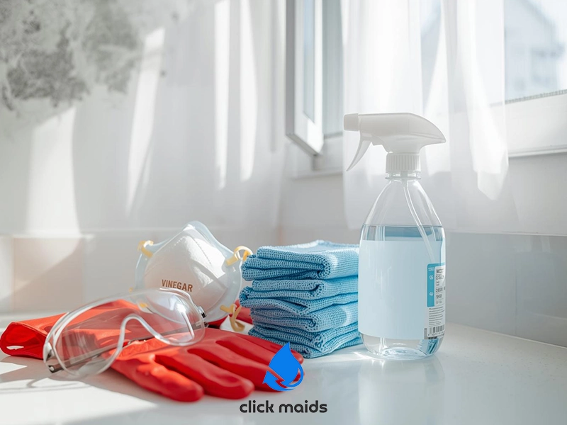 Cleaning supplies arranged on a bright bathroom countertop near an open window. Items include a spray bottle filled with liquid cleaner, folded blue microfiber cloths, red rubber gloves, clear safety goggles, and a protective mask labeled vinegar. Soft sunlight filters through sheer curtains, highlighting a clean, fresh environment.
