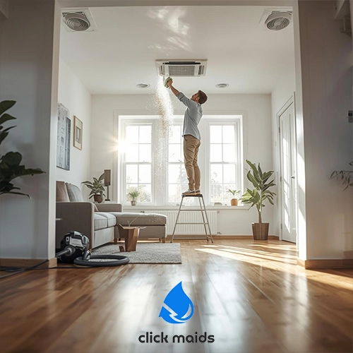 Click Maids Man standing on a step ladder in a bright living room while cleaning a ceiling air vent. Dust falls downward as he wipes the vent cover. Sunlight streams through large windows, illuminating hardwood floors, a sofa, indoor plants, and a vacuum cleaner nearby, indicating a thorough home cleaning session.