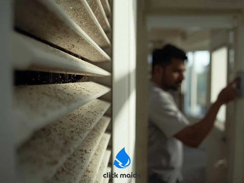 Close-up of dusty air vent louvers covered in visible debris and buildup. In the blurred background, a man stands near a window, appearing to inspect or prepare to clean the vent. Natural light filters through the space, emphasizing the accumulated dust and the need for thorough ventilation cleaning.