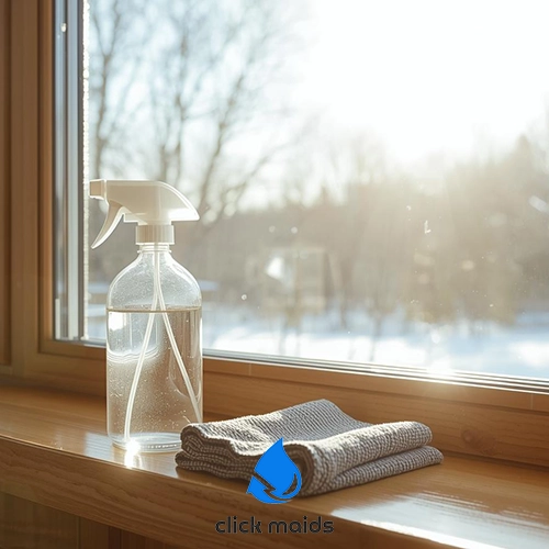 Click Maids Clear spray bottle and folded microfiber cloth placed on a windowsill in natural sunlight, ready for home cleaning.
