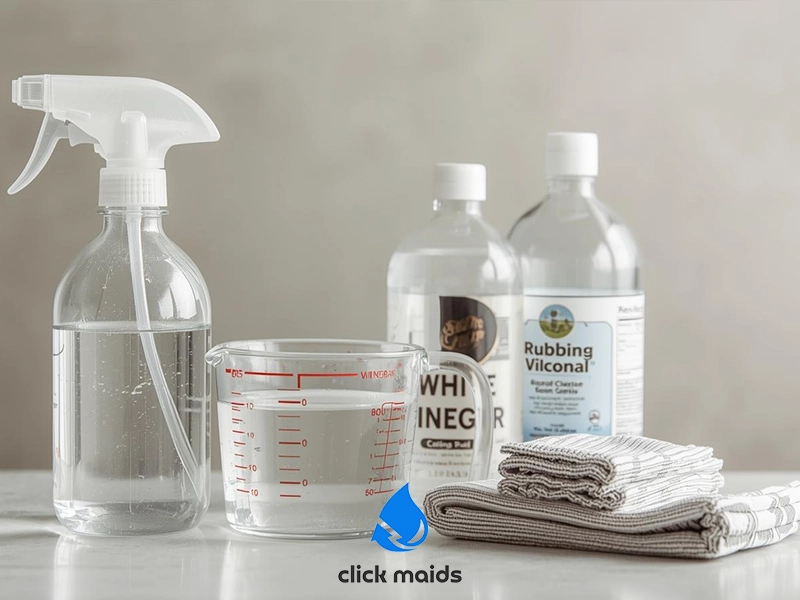 Spray bottle, measuring cup, white vinegar, rubbing alcohol, and folded cleaning cloths arranged on a counter for DIY carpet mold cleaning.