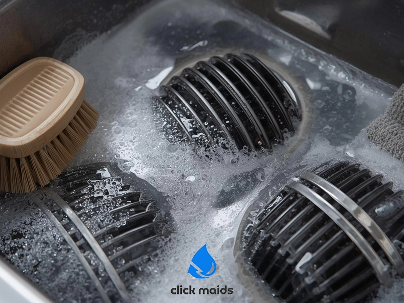Sink filled with soapy water as HVAC vent covers soak alongside a scrub brush during thorough duct vent cleaning.