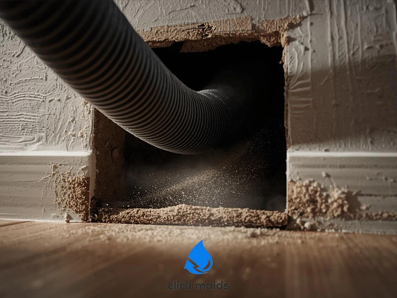 Vacuum hose inserted into a wall duct opening as dust and debris are extracted during professional air duct cleaning.