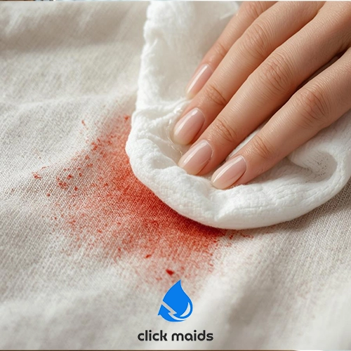 Click Maids Hand blotting a fresh blood stain on white fabric with a clean cloth, showing gentle stain removal in progress.
