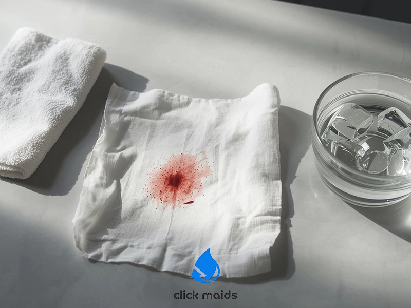 White fabric with a fresh blood stain placed next to a folded towel and a glass bowl of ice cubes, illustrating supplies for removing blood stains.