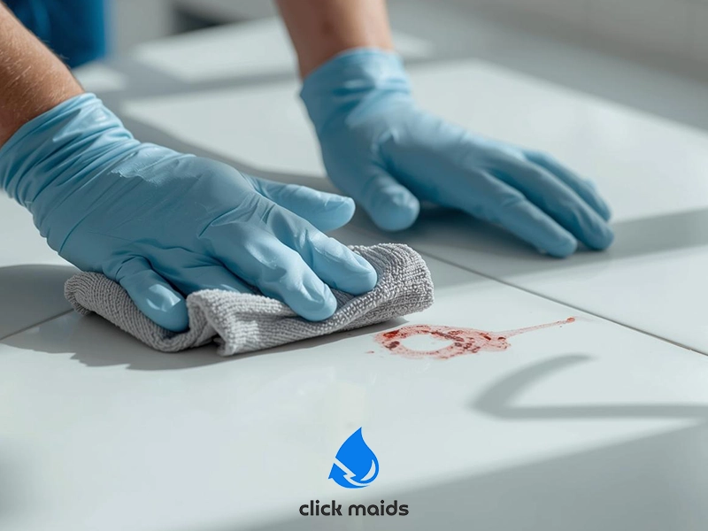 Gloved hands wiping a fresh blood stain from a white tiled surface with a microfiber cloth, demonstrating safe blood stain removal during cleaning.