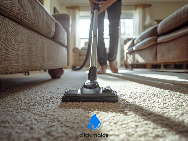 Person vacuuming a soft, light-colored carpet in a bright living room, moving the vacuum head between two sofas while sunlight streams through windows, emphasizing routine home cleaning and carpet maintenance.
