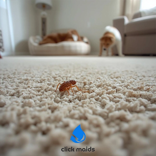 Click Maids Close-up of a carpet beetle crawling on a light-colored carpet while two dogs watch from the background in a living room.