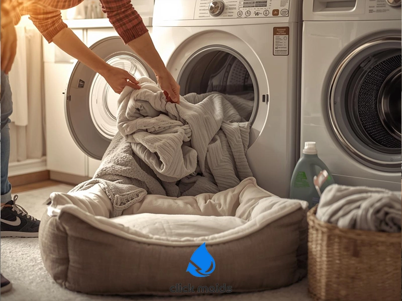 Person loading a front-loading washing machine with light-colored blankets and bedding in a clean laundry room, with a pet bed on the floor, detergent nearby, and another washer visible, showing routine household laundry and fabric care.