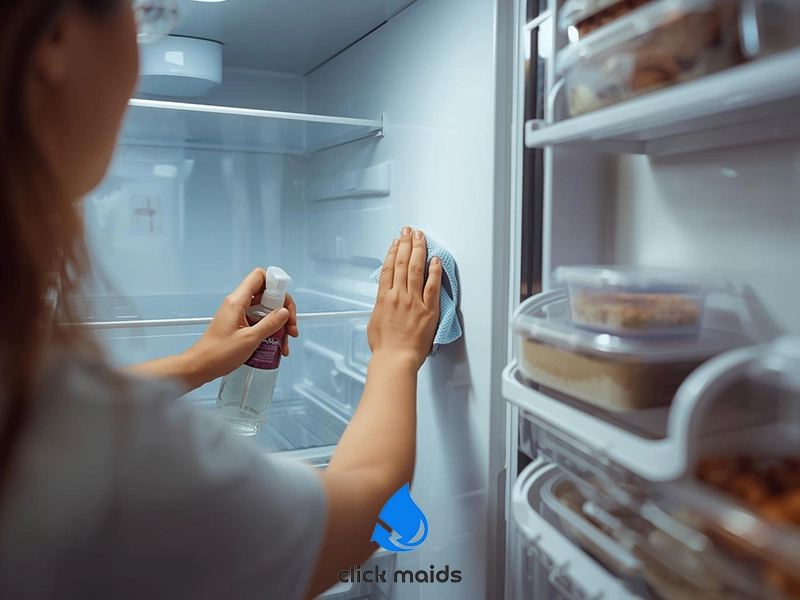 Person cleaning the inside of a refrigerator using a spray bottle and microfiber cloth, wiping down empty shelves and interior walls while food containers sit organized in the door compartments.