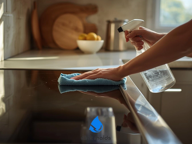 Hand spraying cleaning solution and wiping a glossy kitchen countertop with a blue microfiber cloth, with cutting boards and a bowl of lemons visible in the softly lit background.