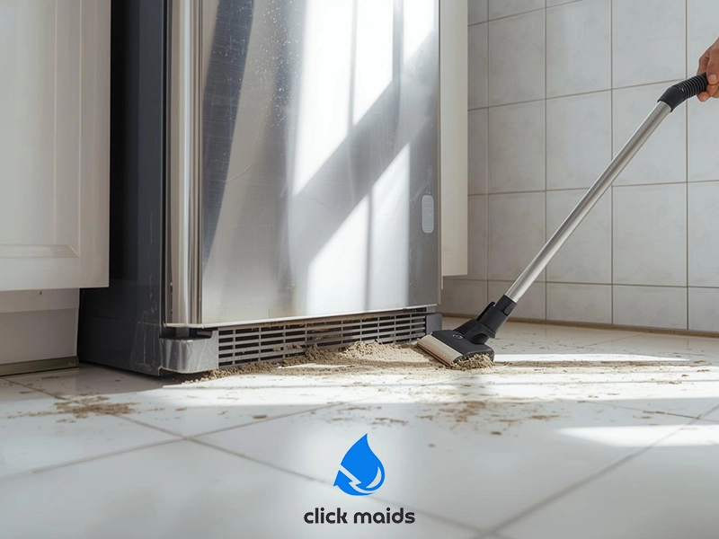 Vacuum cleaner attachment removing dust and debris from tiled kitchen floor near the bottom vent of a stainless steel refrigerator, highlighting detailed cleaning along appliance edges