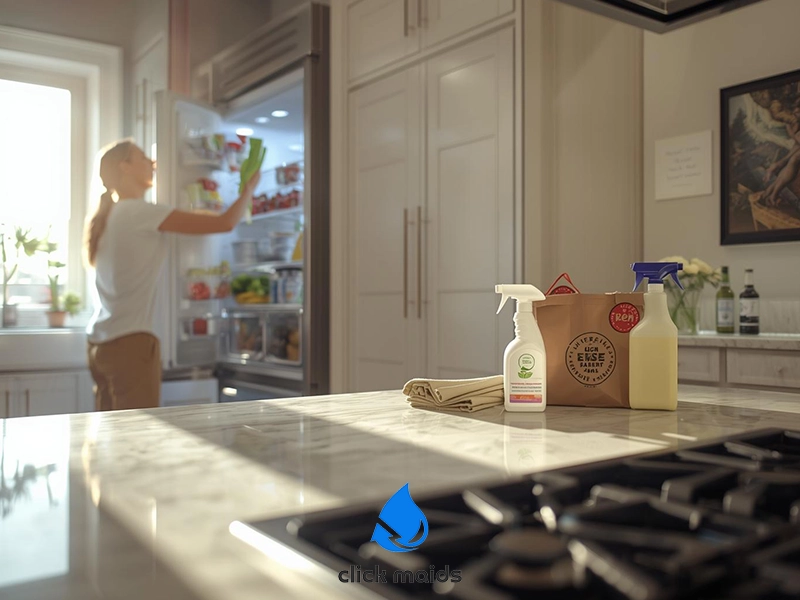 Cleaning supplies including spray bottles, a reusable cloth, and a brown paper bag sit on a marble kitchen island near a stovetop. In the background, a woman stands at an open refrigerator, organizing groceries. Sunlight streams through a nearby window, illuminating the modern kitchen cabinets and countertops.
