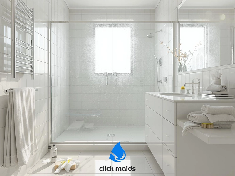 Bright, modern bathroom with white tiled walls and a glass-enclosed walk-in shower. A vanity with drawers holds neatly folded towels beside a sleek sink and mirror. Cleaning cloths and a spray bottle rest on the tiled floor, suggesting recent cleaning. Natural light filters through a frosted window above the shower.